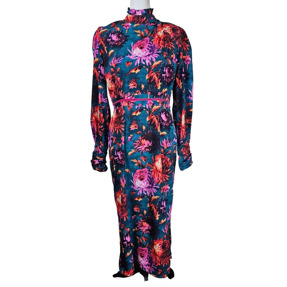 Hope & Ivy Floral Midi Dress 8 Green Ruffle Neck Velvet Accent‎ Blouson Sleeve